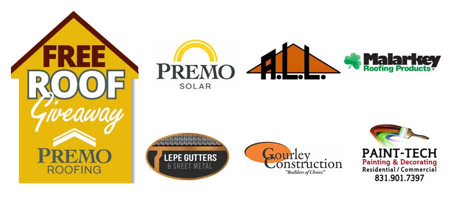 Free roof giveaway event hosted by Premo Roofing. The image includes logos for Premo Solar, ALL Roofing, Malarkey Roofing Products, Lepe Gutters & Sheet Metal, Gourley Construction, and Paint-Tech Painting & Decorating.